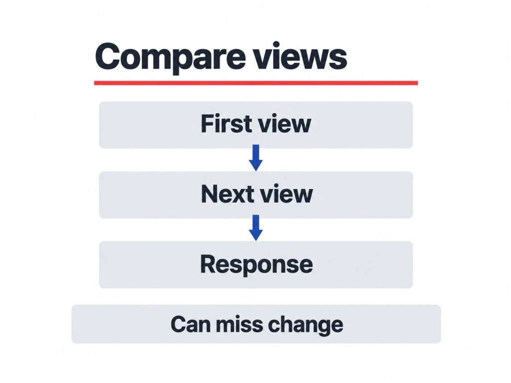 Illustrative sequence: First view, Next view, Response; a change can be missed.