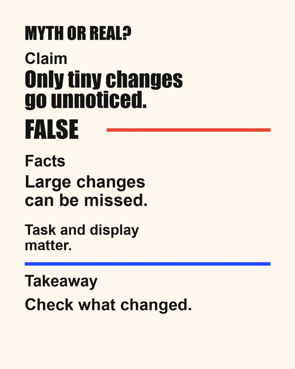 Myth or Real: only tiny changes go unnoticed. FALSE: selected change-blindness research reports missed large changes, depending on task and display.