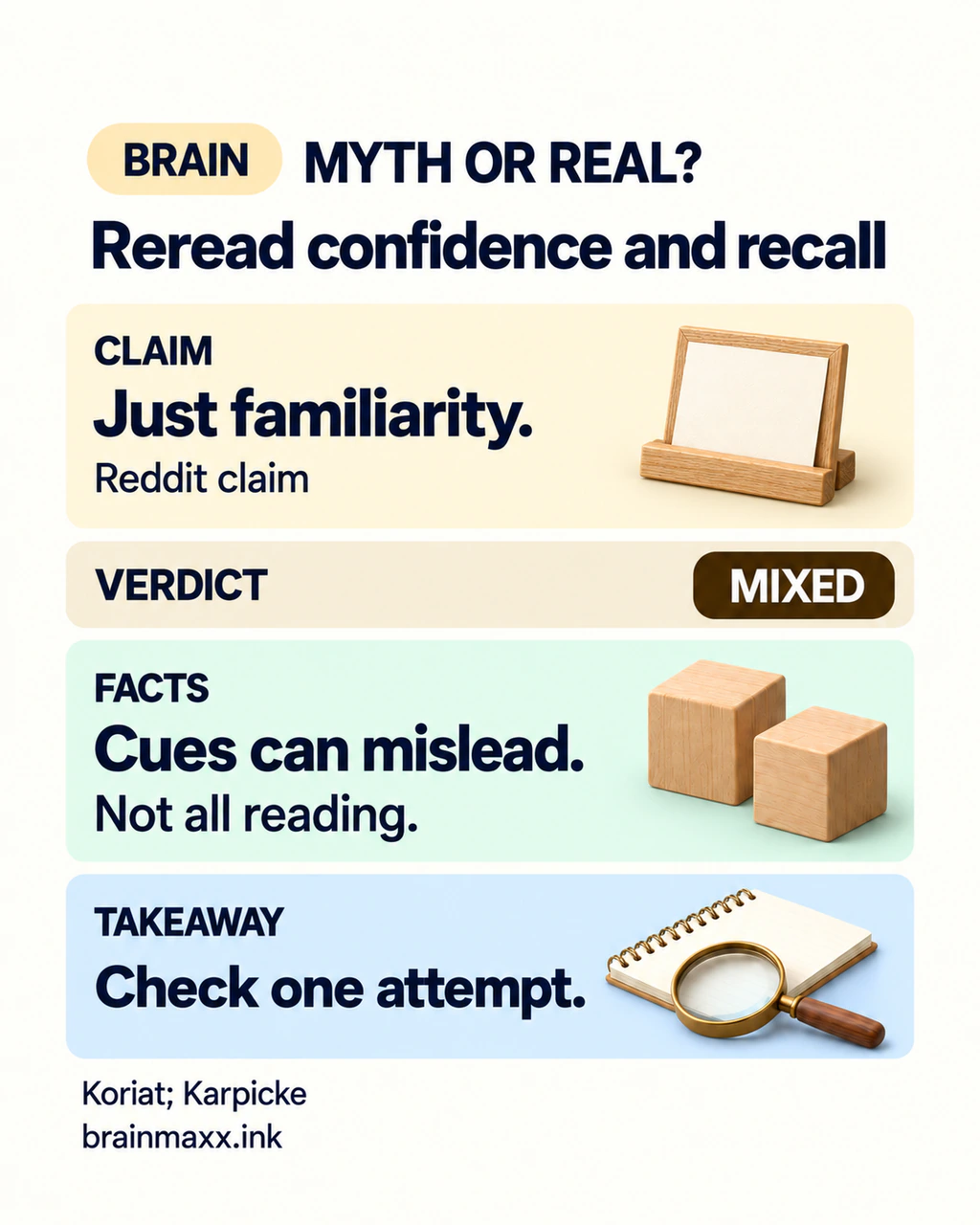Myth or Real: study familiarity can mislead predictions, but the studies do not prove all rereading ineffective. Check an appropriate attempt.