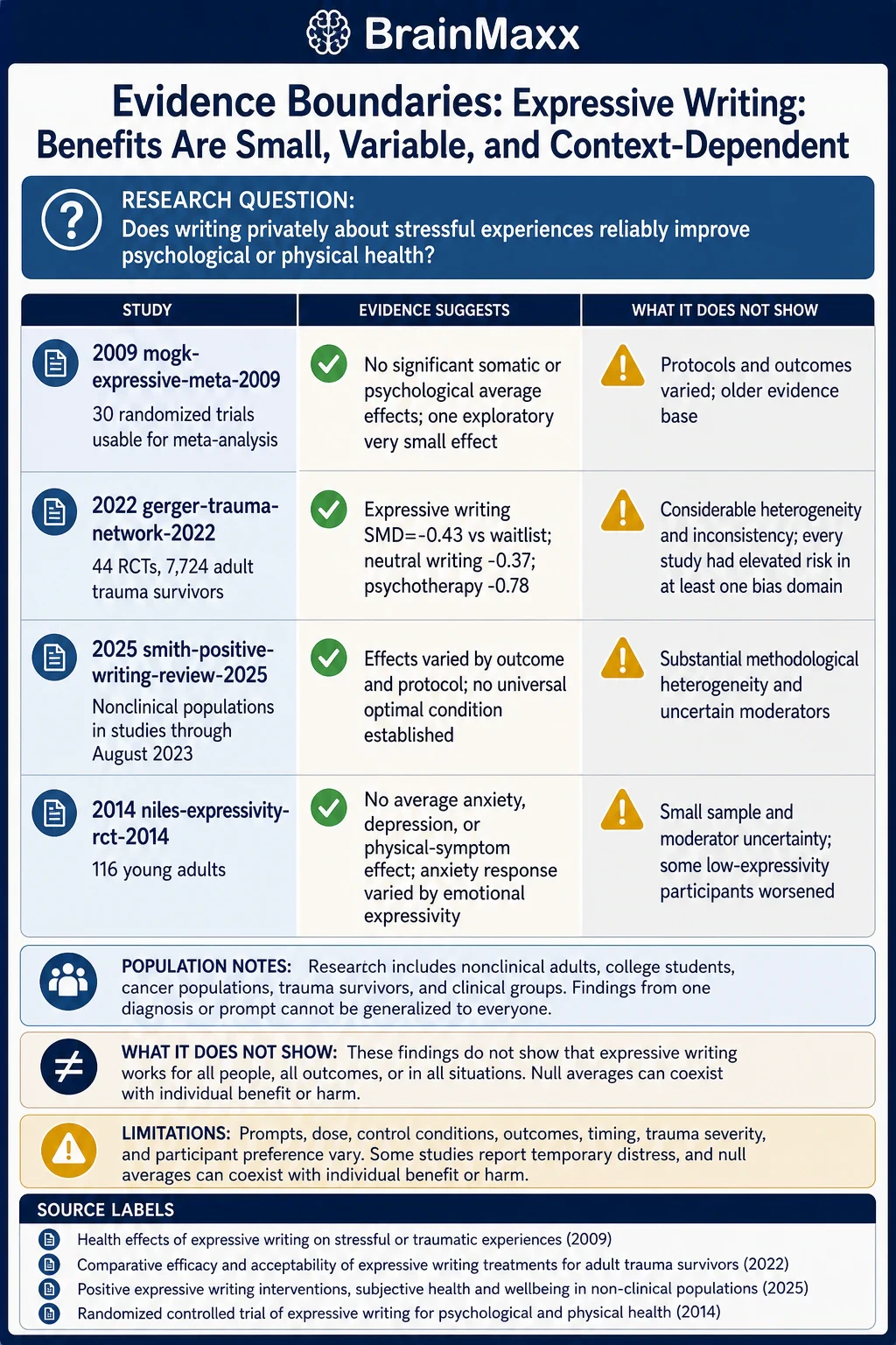 Expressive Writing: Benefits Are Small, Variable, and Context-Dependent technical infographic