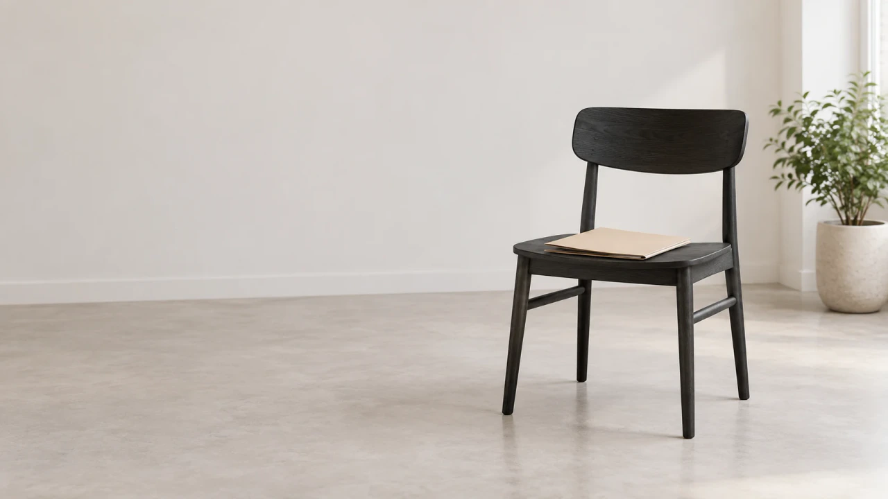 A plain closed light-taupe project folder rests on an unoccupied dark-charcoal chair in a quiet work room.
