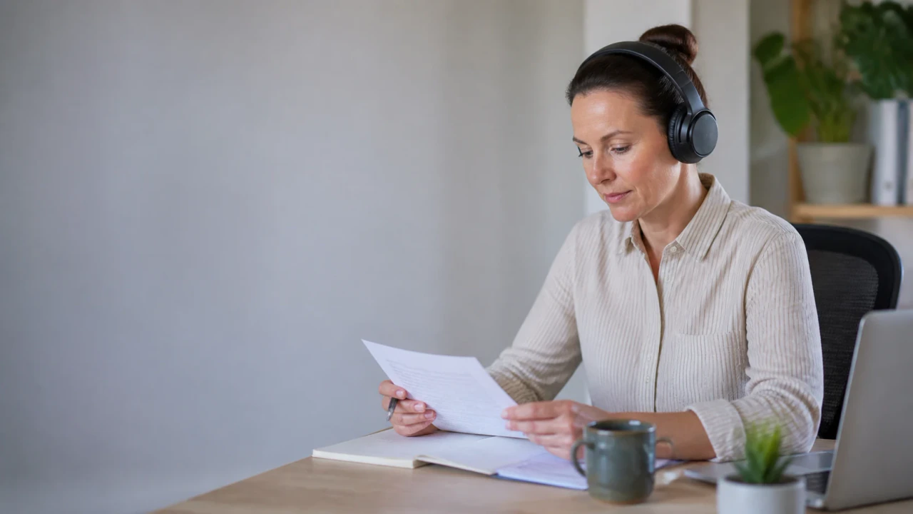A person calmly compares stereo audio with silence during an ordinary proofreading task