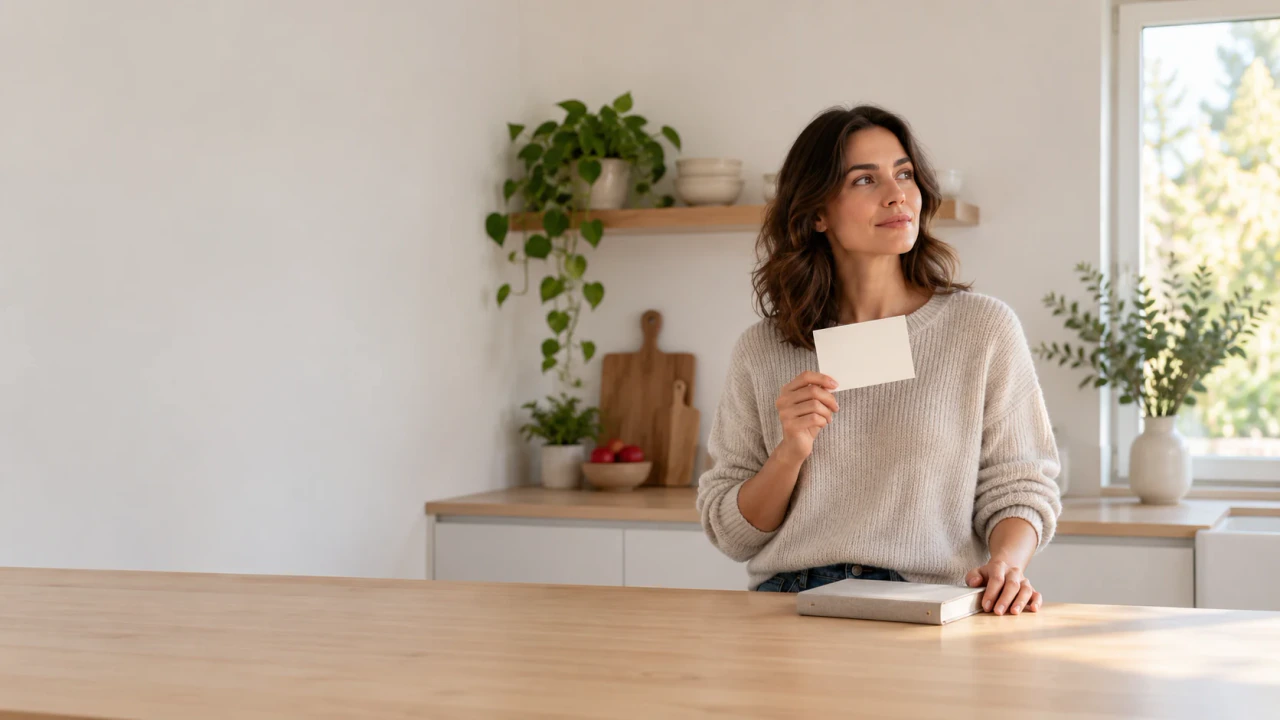 An adult at a bright kitchen island holds a blank study card beside a closed unmarked book.