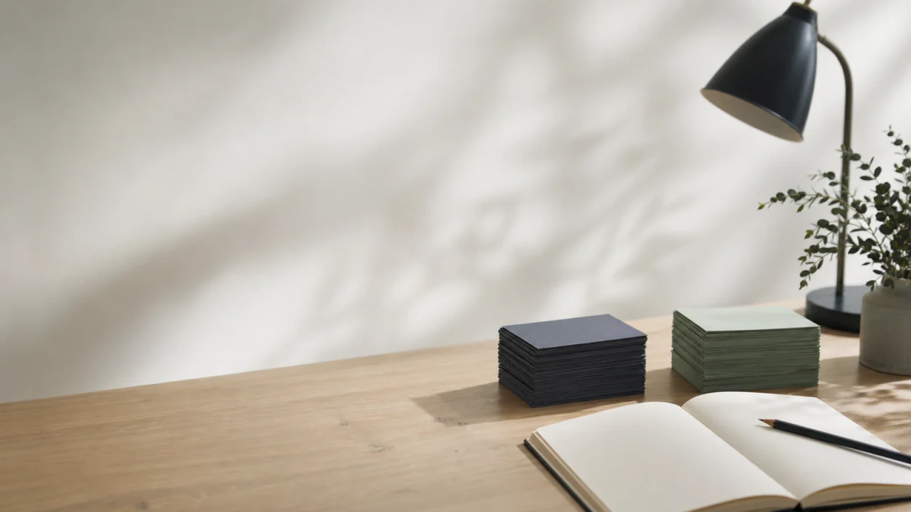 Minimal desk with decision cards arranged in a calm psychology workspace