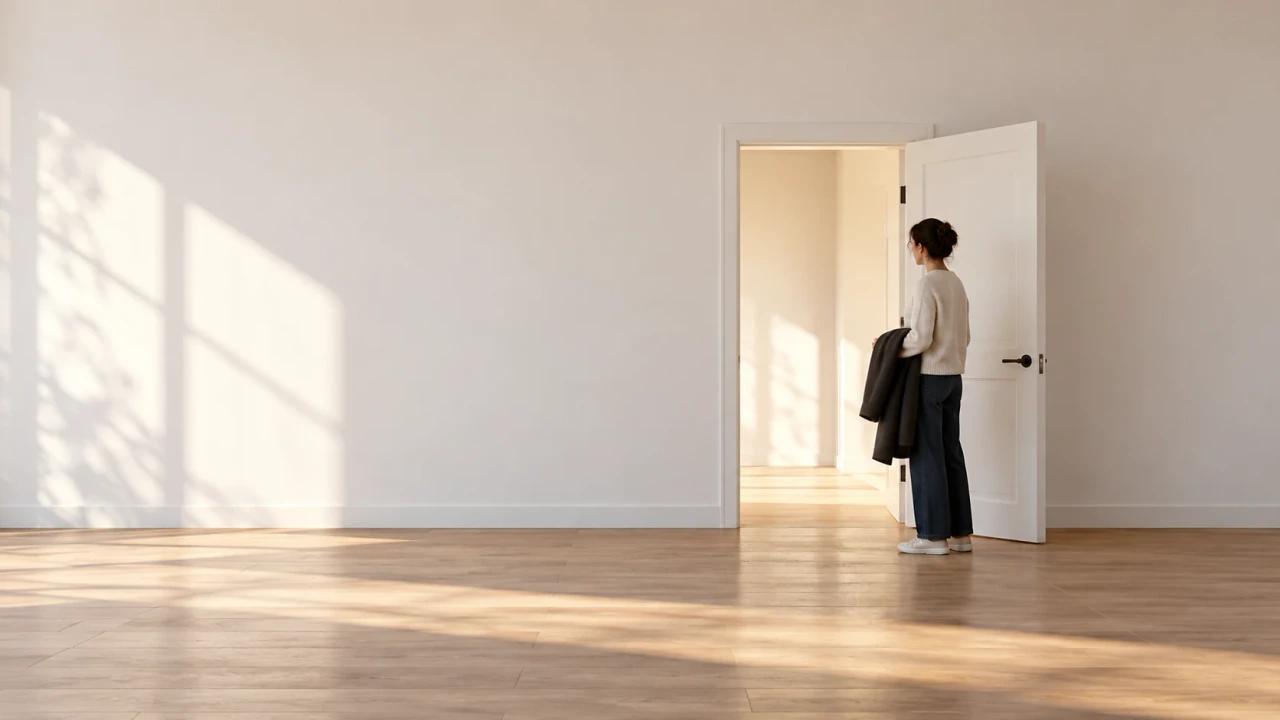 An adult holding a plain coat pauses beside an open interior doorway in a bright entry room.