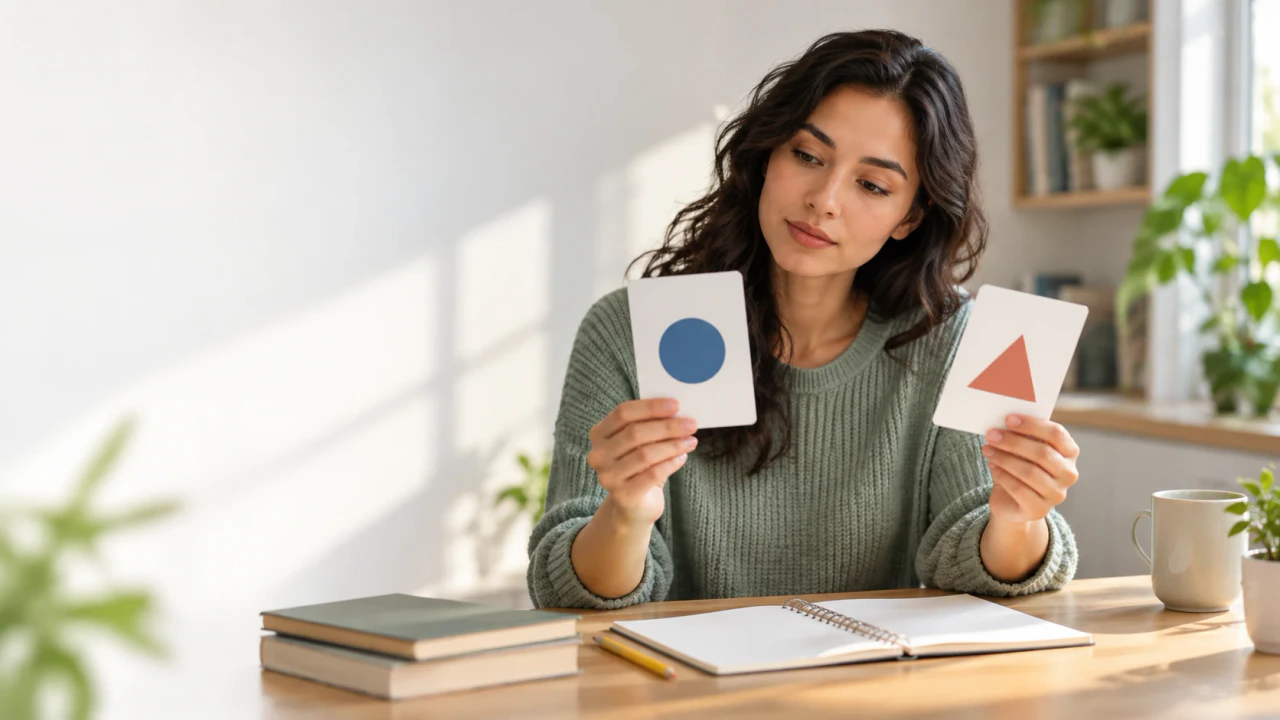 An adult learner considering two geometric practice cards at a bright desk