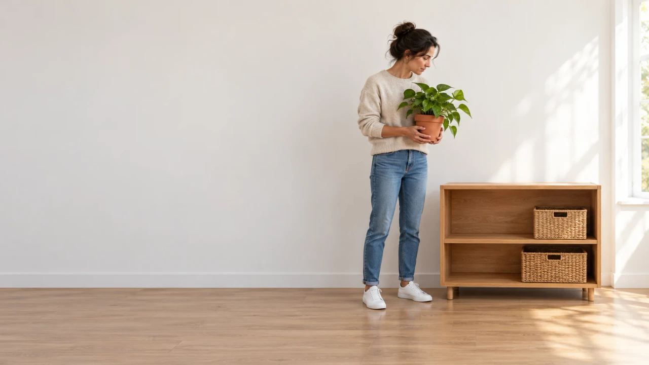 An adult holds a potted plant beside a low wooden shelf in a bright room.