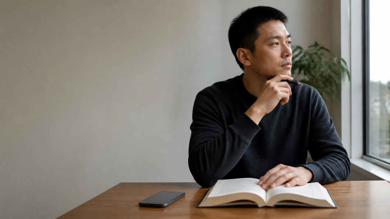 A person briefly notices the present moment before returning to one ordinary reading task