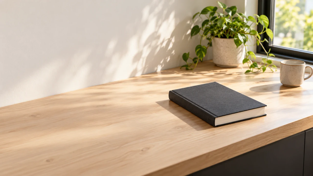 One closed unprinted book rests on a pale study counter in a quiet unoccupied room.