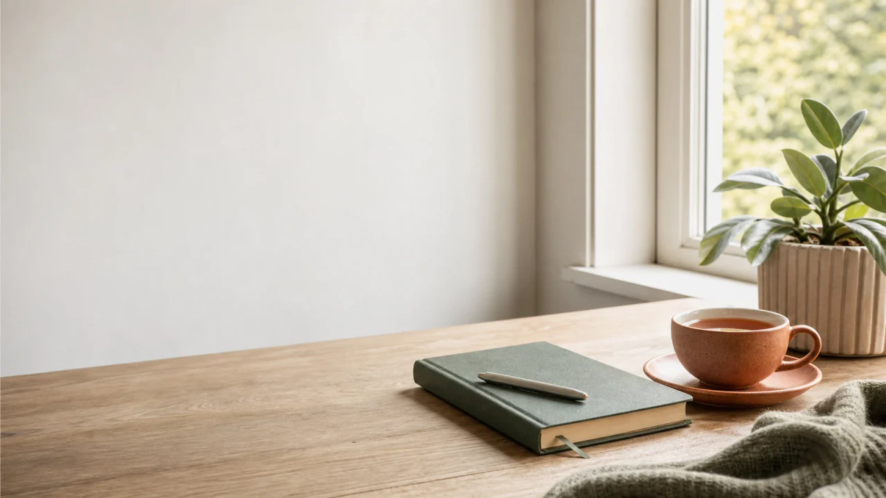 Quiet desk scene with soft light representing stress recovery and mental reset