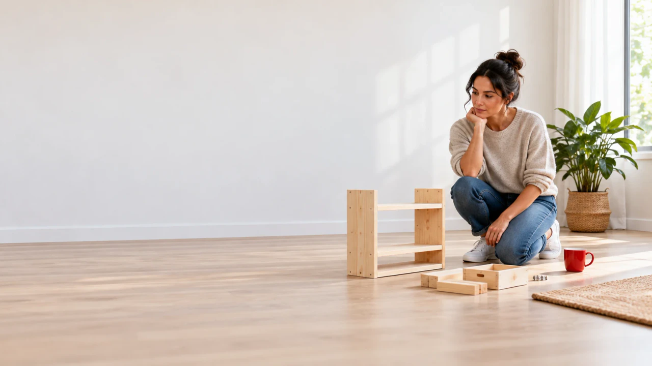 An adult kneels beside a partly assembled wooden shelf and loose pieces in a bright room.