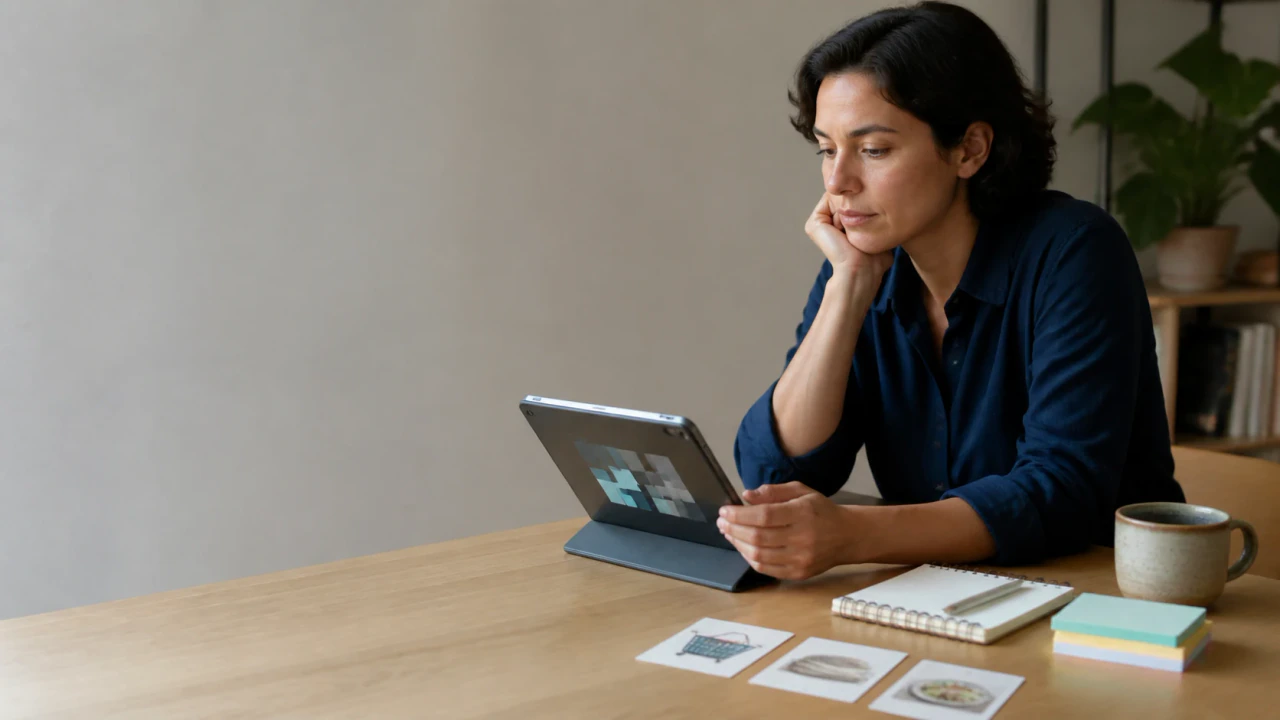 A person compares a rising game score with unchanged real-world task cards