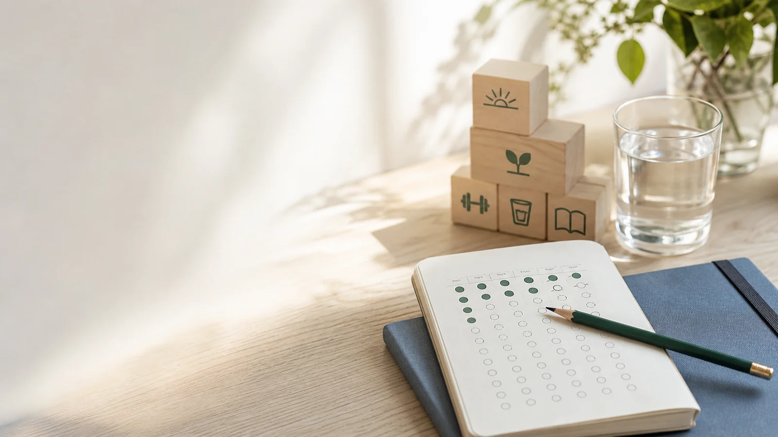 Small habit tracker and warm morning light showing simple behavior change cues